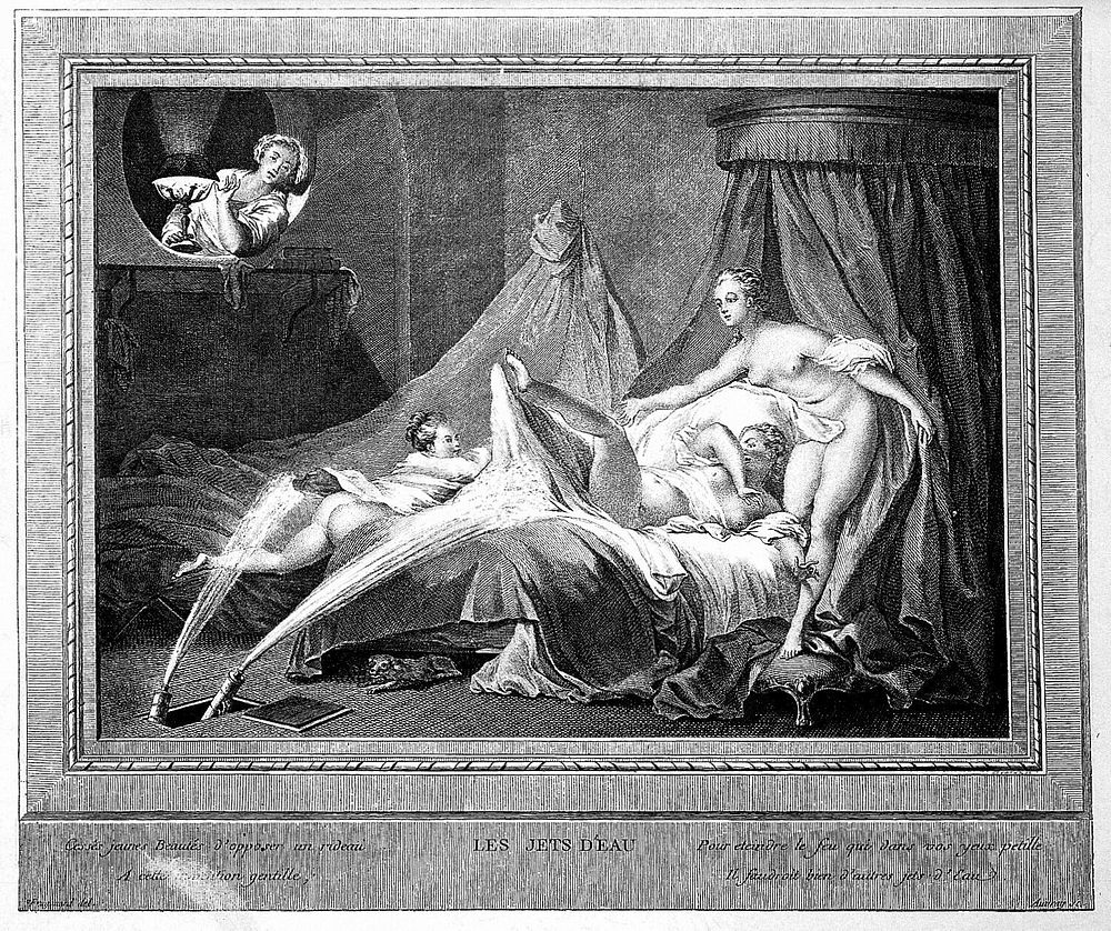 Jets of water spray naked young women on a bed; suggesting the connection between enemas and eroticism. Process print after…
