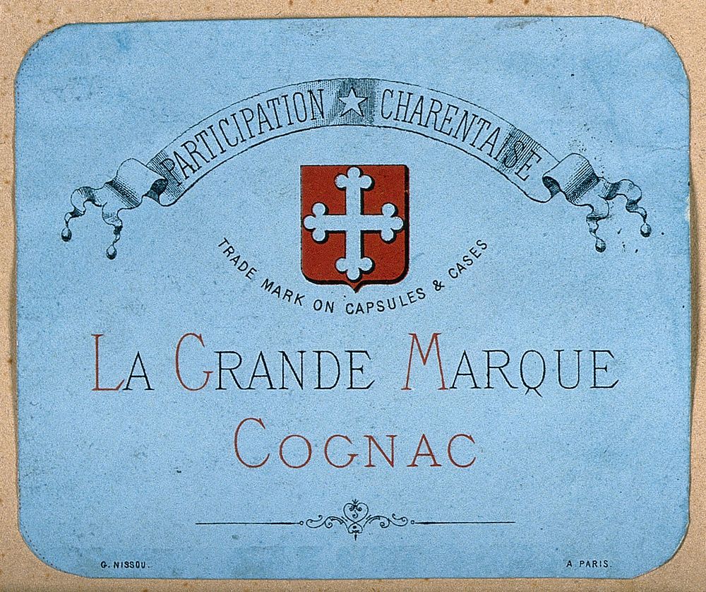 An ornamental French cognac label. Colour lithograph by G. Nissou, 19th century.