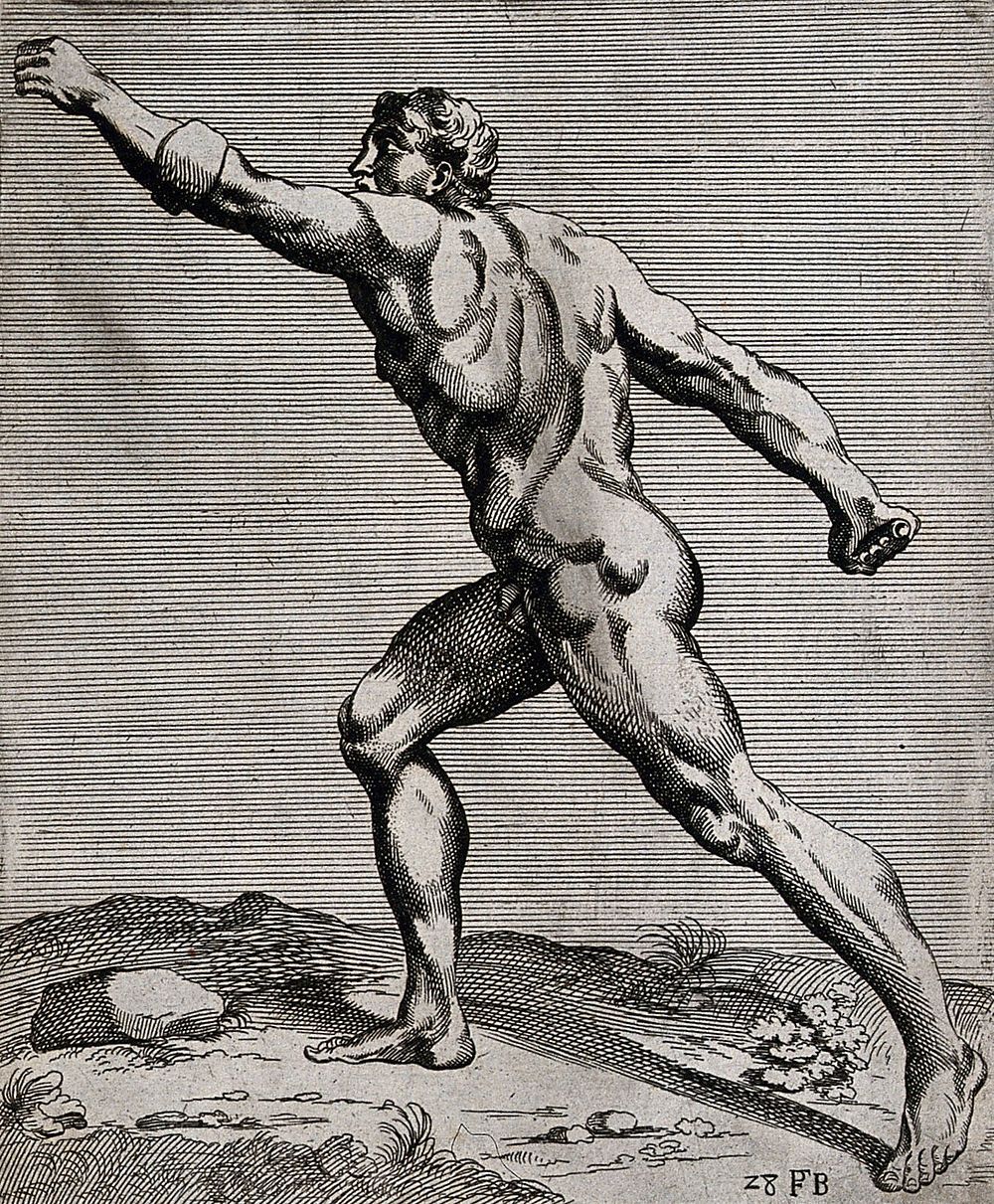 The Borghese Gladiator seen from the left, raising his left arm. Etching by F. Perrier, 1638.