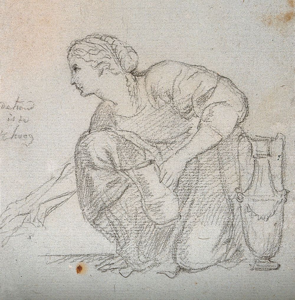 A woman kneeling, holding a vase. Drawing, c. 1793.
