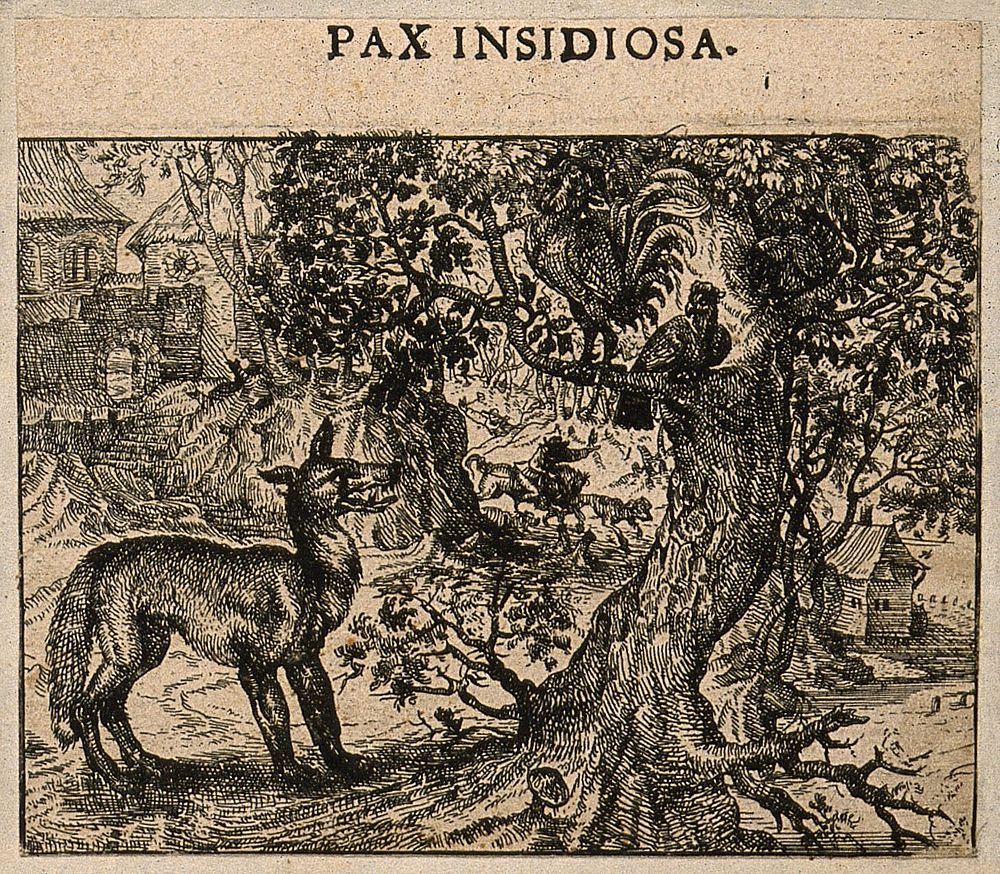 A fox talking to a chicken; representing a fable by Aesop on false friendship. Etching by C. Murer after himself, c. 1600…