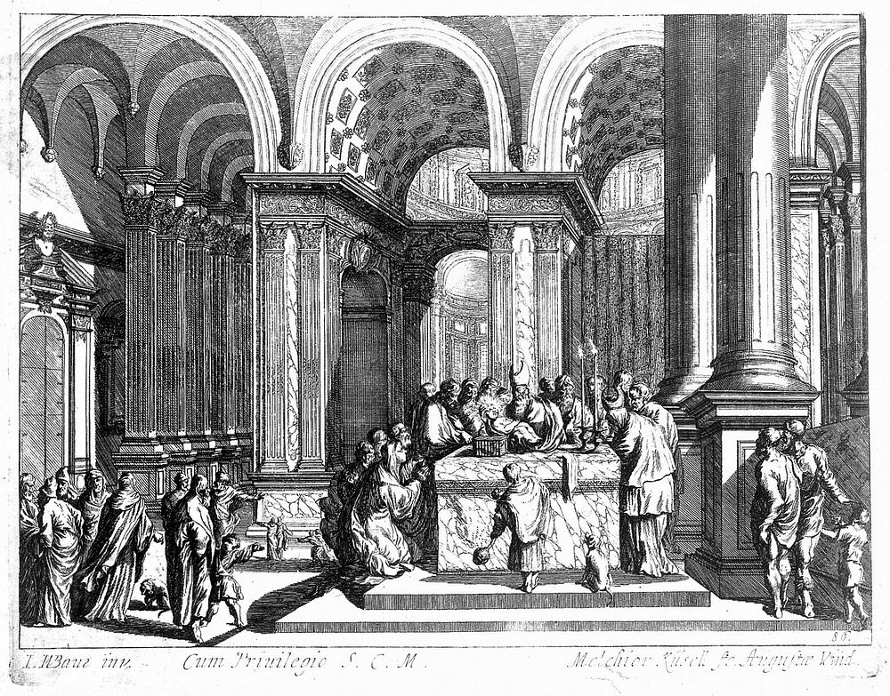 The high priest of the Temple inspects the circumcised Christ child, whose head is glowing. Etching by M. Küssell after J.W.…