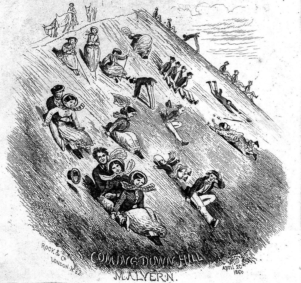 People sliding down a hill in Malvern. Wood engraving by O.T., 1860.