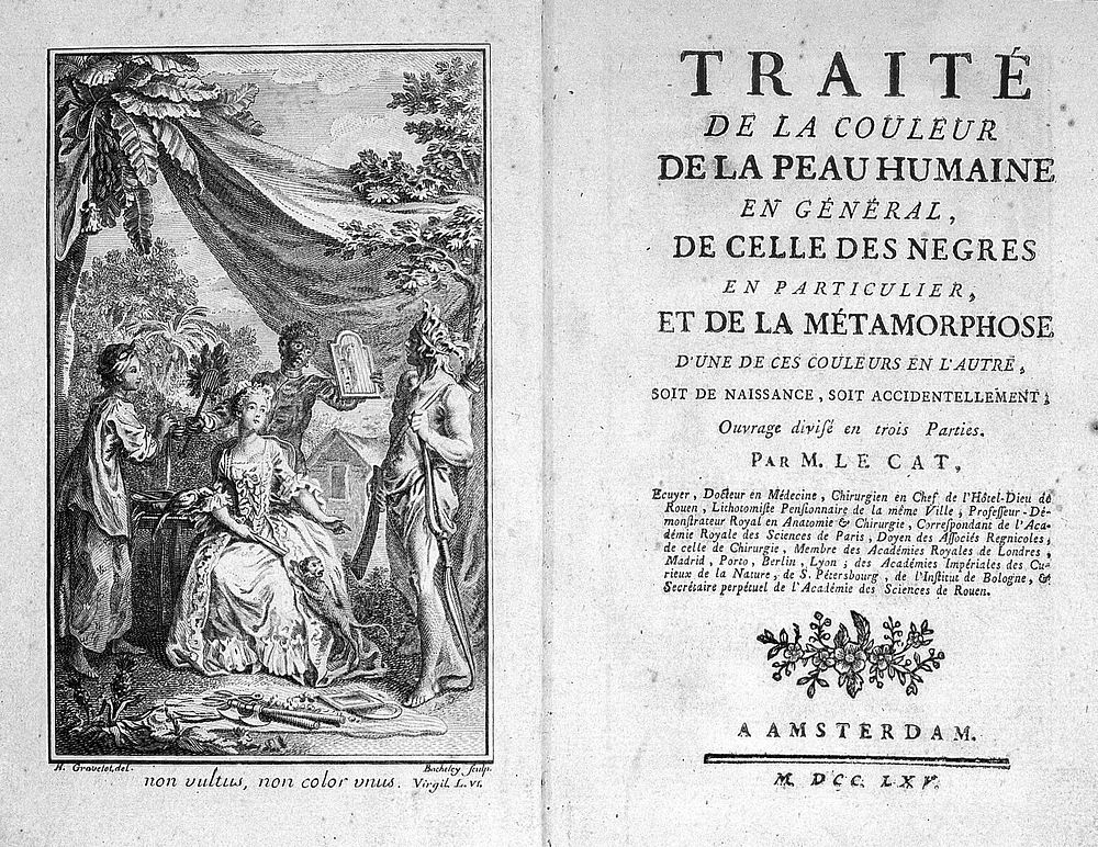 Title page and front of C.N. Le Cat, Traite de la couleur de la peau humaine, 1765