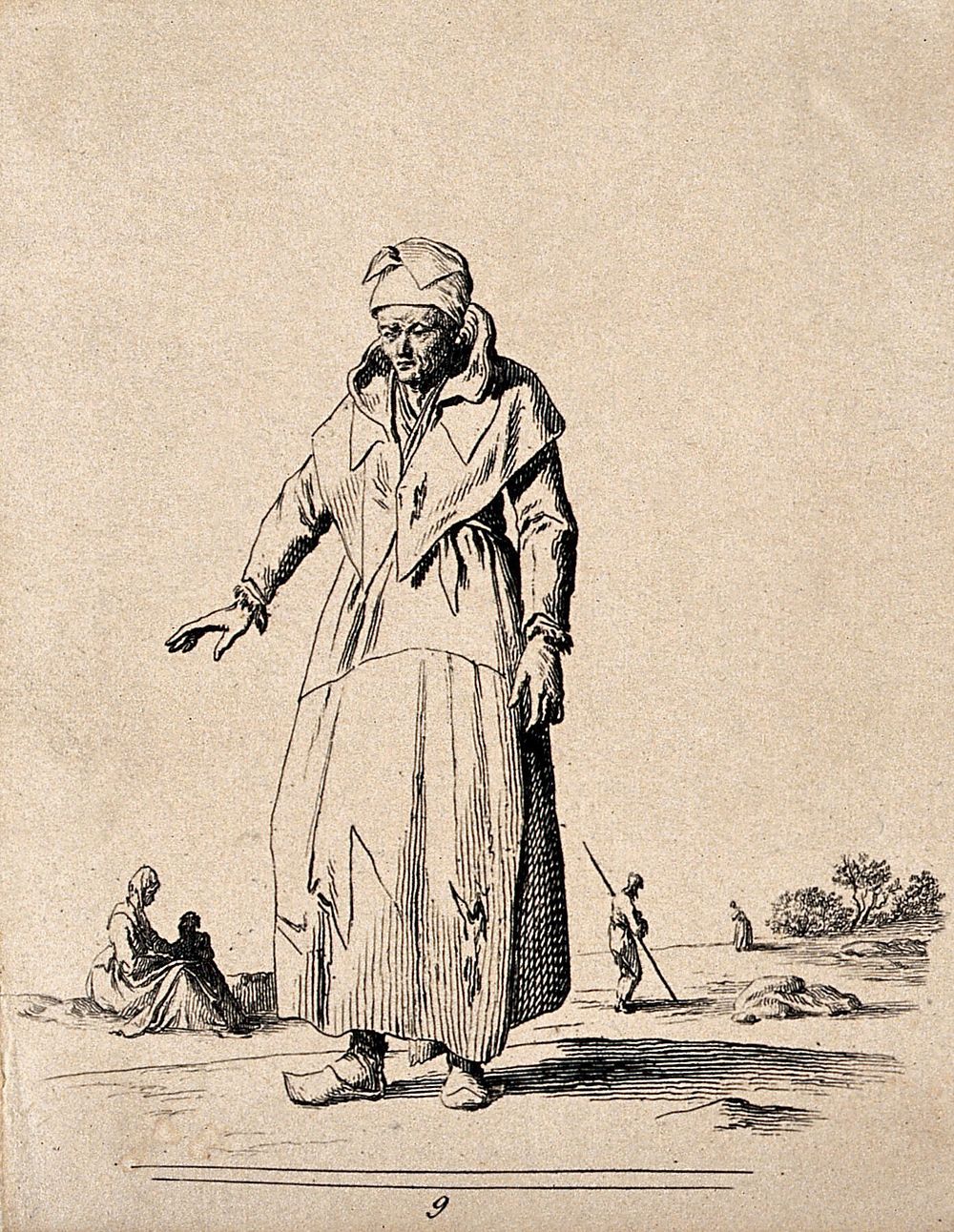 A man in ragged clothing. Etching by Jean Duplessi-Bertaux.