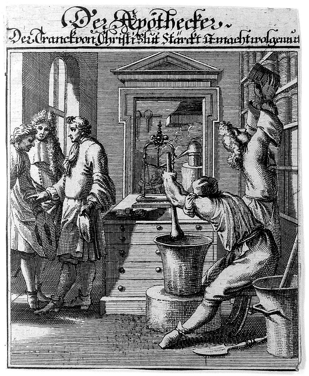 An apothecary is making up a prescription for waiting customers, another takes a jar down from a shelf. Engraving by J.C.…