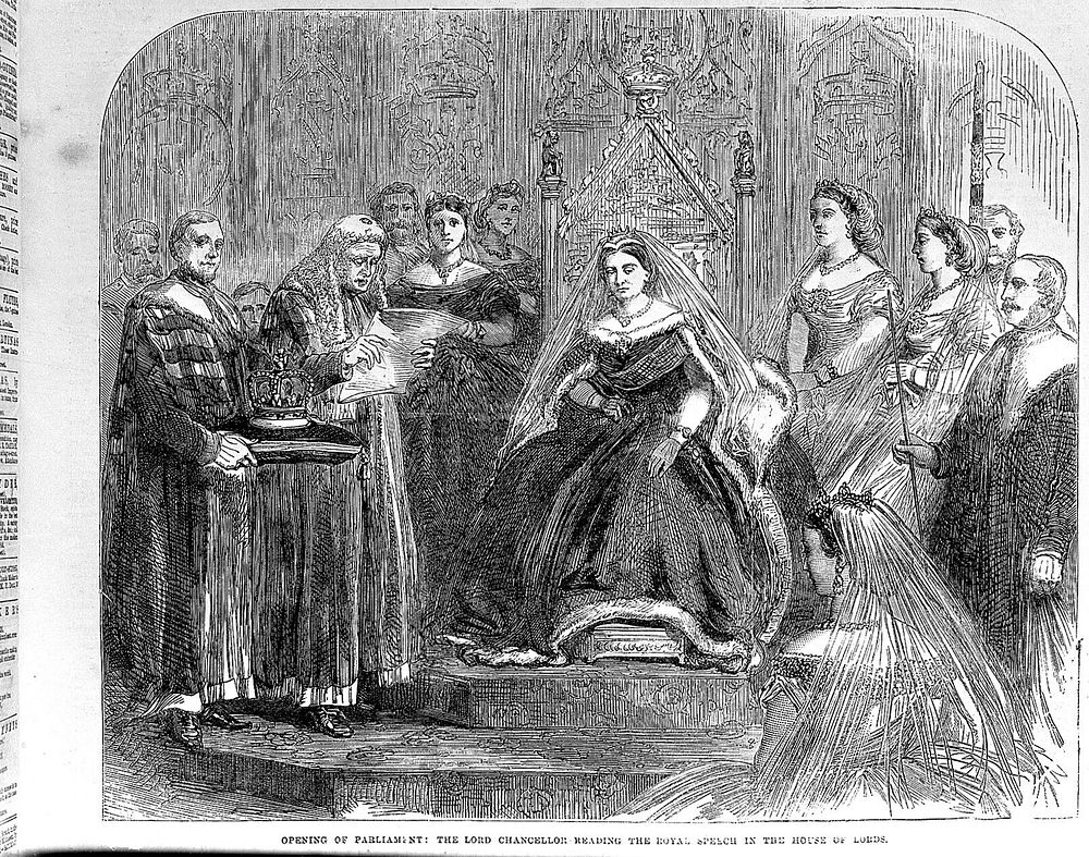 Queen Victoria at the opening of Parliament, 1866. The Lord Chancellor reading the Royal Speech in the House of Lords. The…