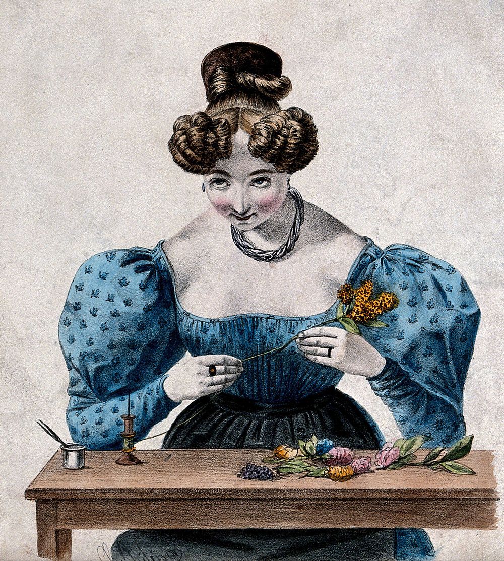 A woman is winding cotton around the stems of flowers. Coloured lithograph by Charles Philipon.