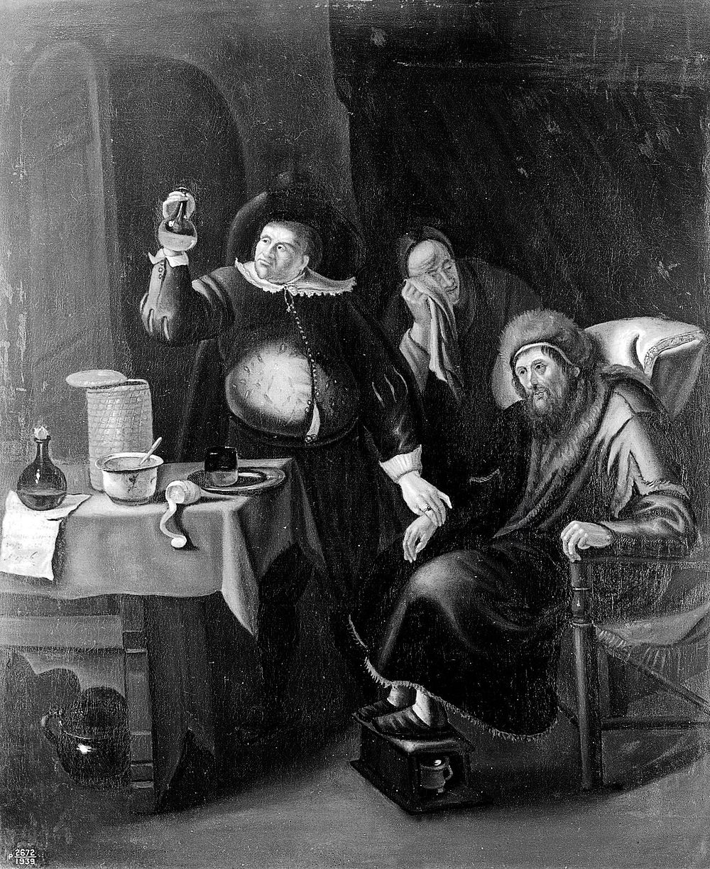 A medical practitioner examining the urine and taking the pulse of an elderly man. Oil painting by a follower of Jan Steen.