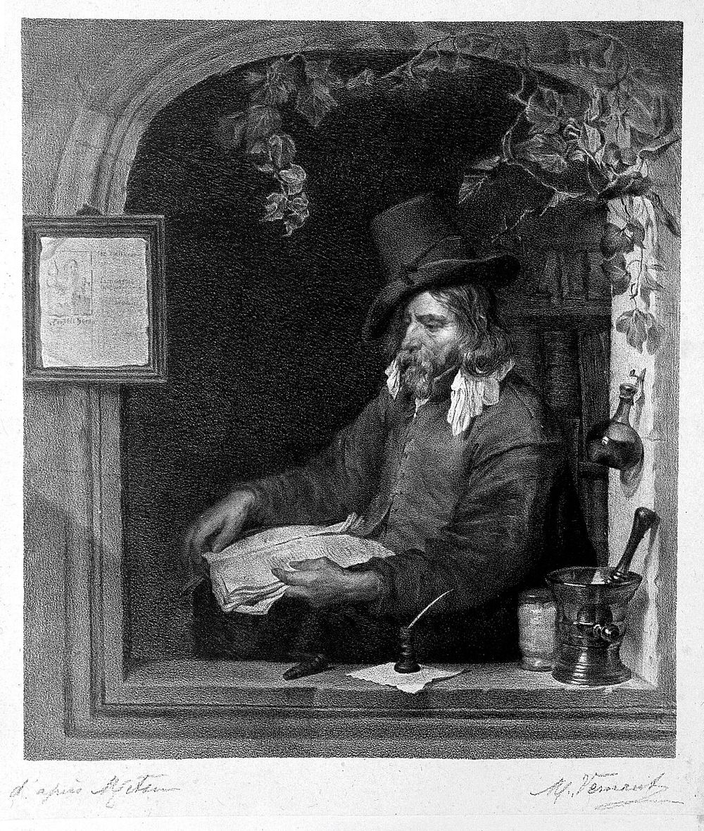 An apothecary with instruments of his profession seated in an arched window. Lithograph by M. Vernaut after G. Metsu.