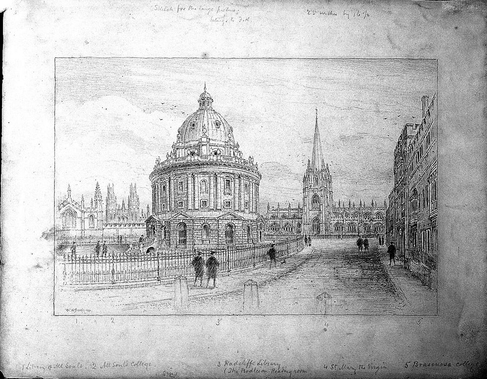 Radcliffe Camera, Oxford: panoramic view showing All Soul's College, St. Mary's Church and Brasenose College. Pencil drawing…