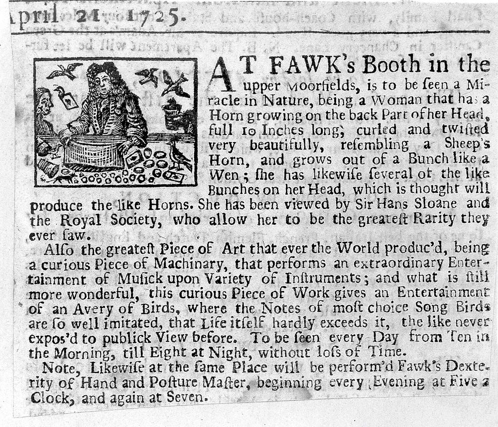 Newspaper cutting: advertisement for Fawk's booth, Upper Moorfields, London