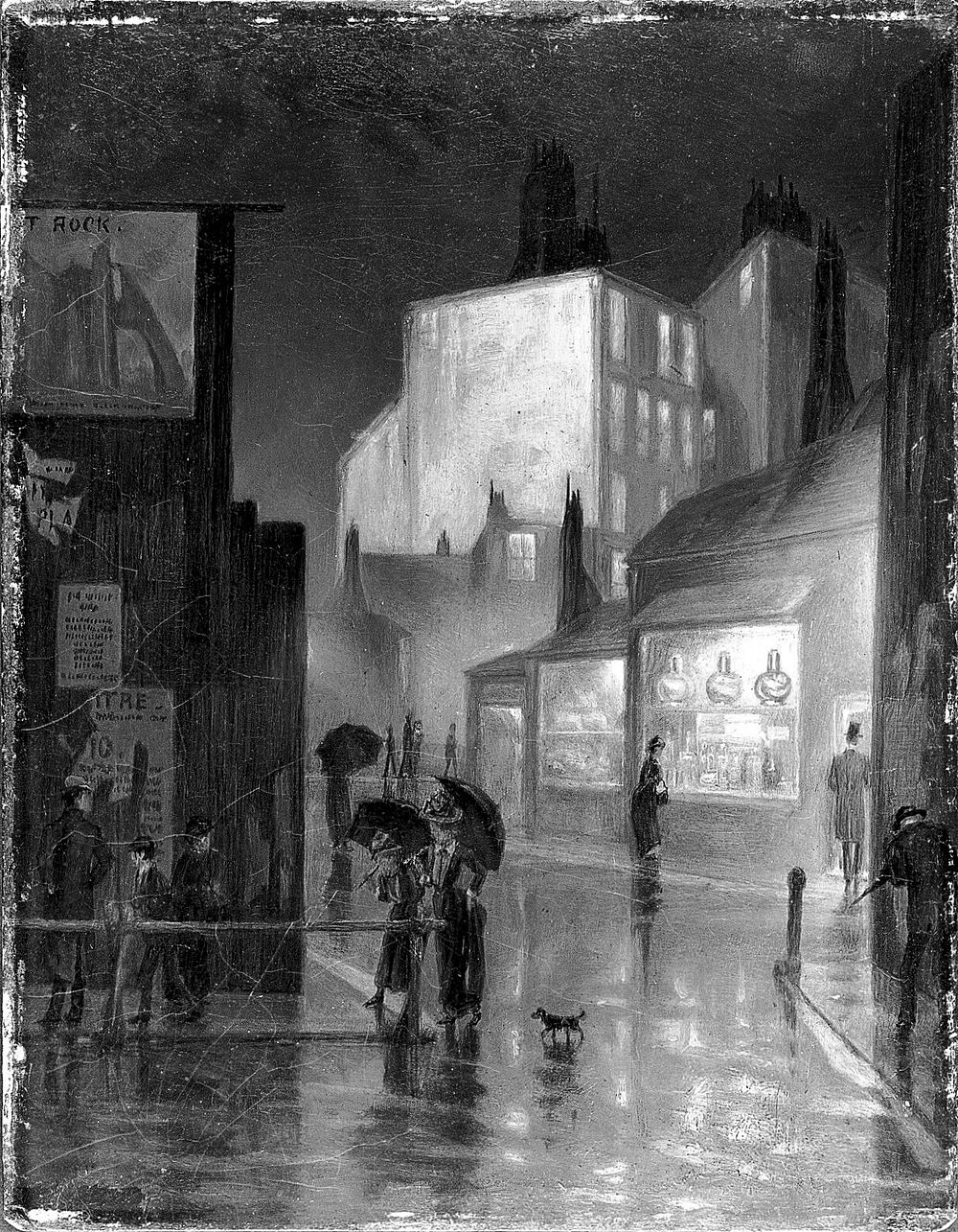 A street at night with a pharmacy. Oil painting by an English painter, ca. 1900.