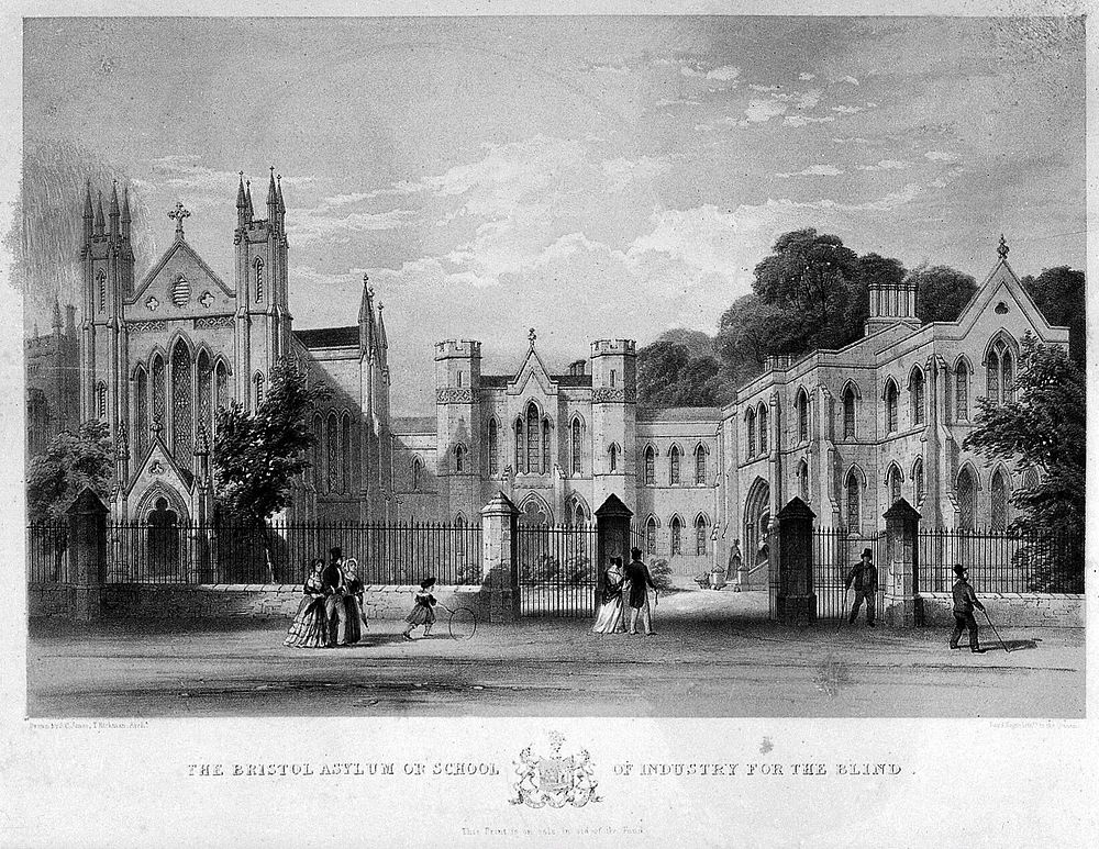 The asylum or school for the blind, Bristol: the courtyard. Lithograph by Day & Haghe after S.C. Jones and T. Rickman.