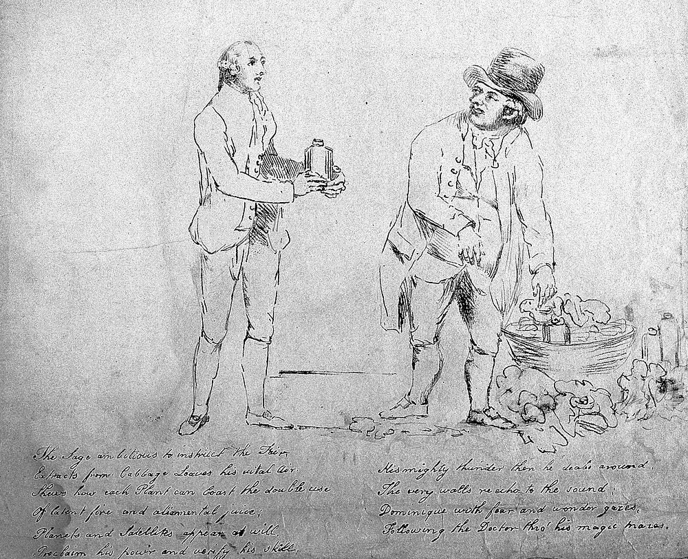 Jan Ingen-Housz with his servant Dominique demonstrating the properties of vegetables. Soft-ground etching.
