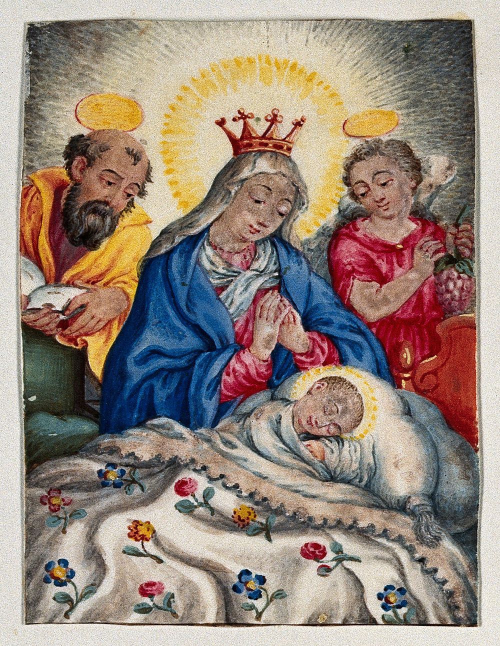 Saint Mary (the Blessed Virgin) and Saint Joseph with the Christ Child and a saint. Gouache painting.