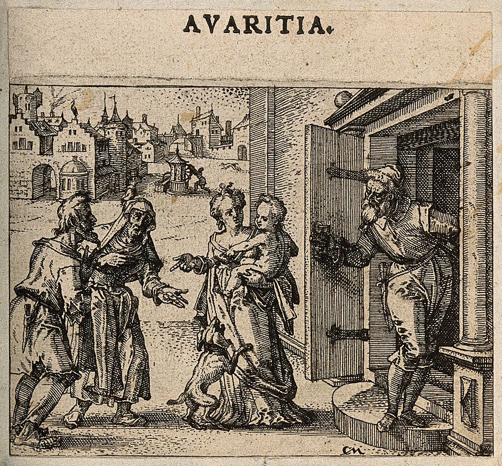 A wealthy bürger refuses charity to an old couple. Etching by C. Murer after himself, c. 1600-1614.
