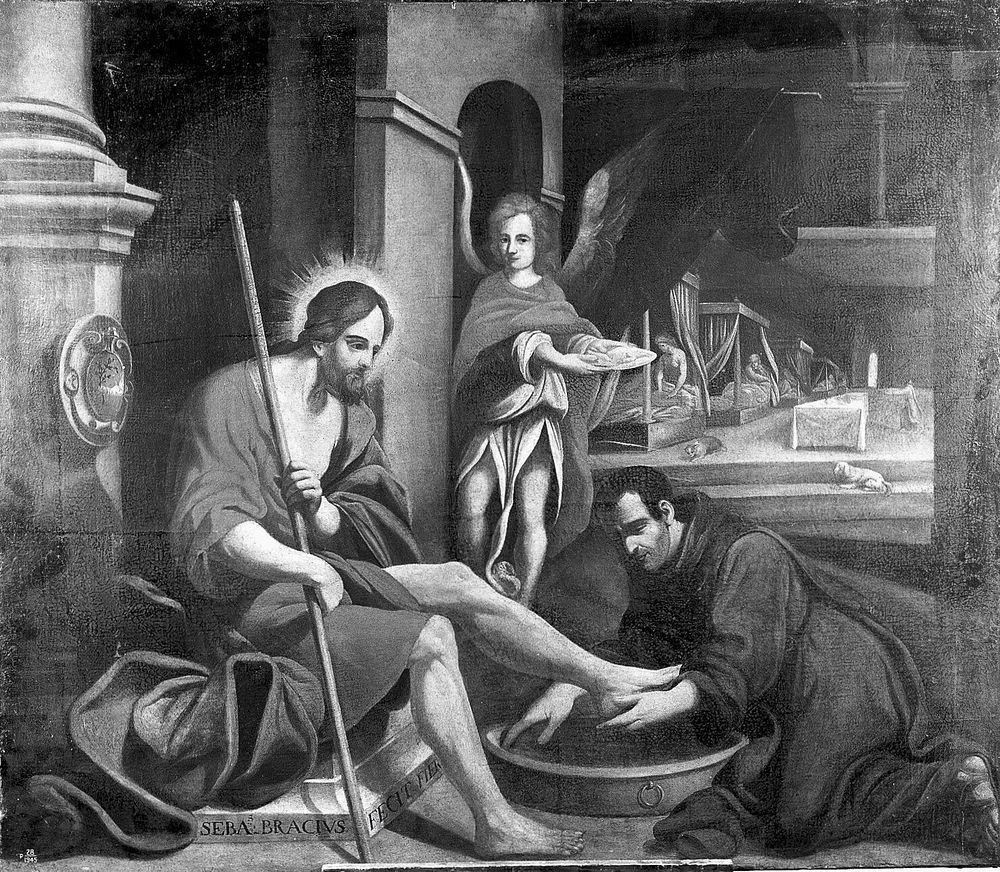 A Franciscan friar washing Christ's feet in a hospital. Oil painting by an Italian painter, 18th century.