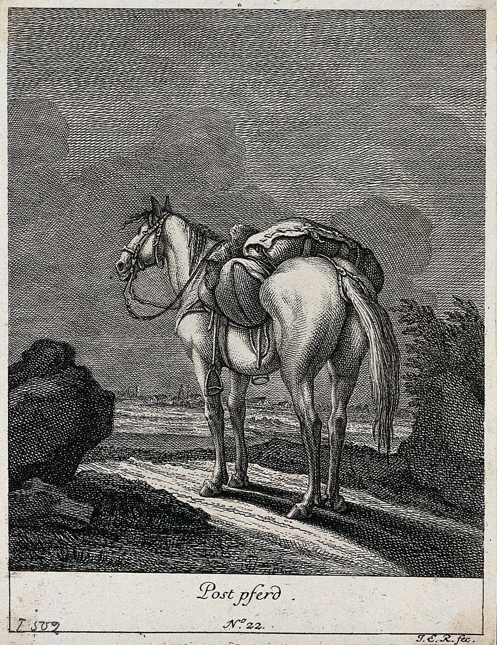 Post-horse with baggage standing on a rocky path with a village in the background. Etching by J. E. Ridinger.