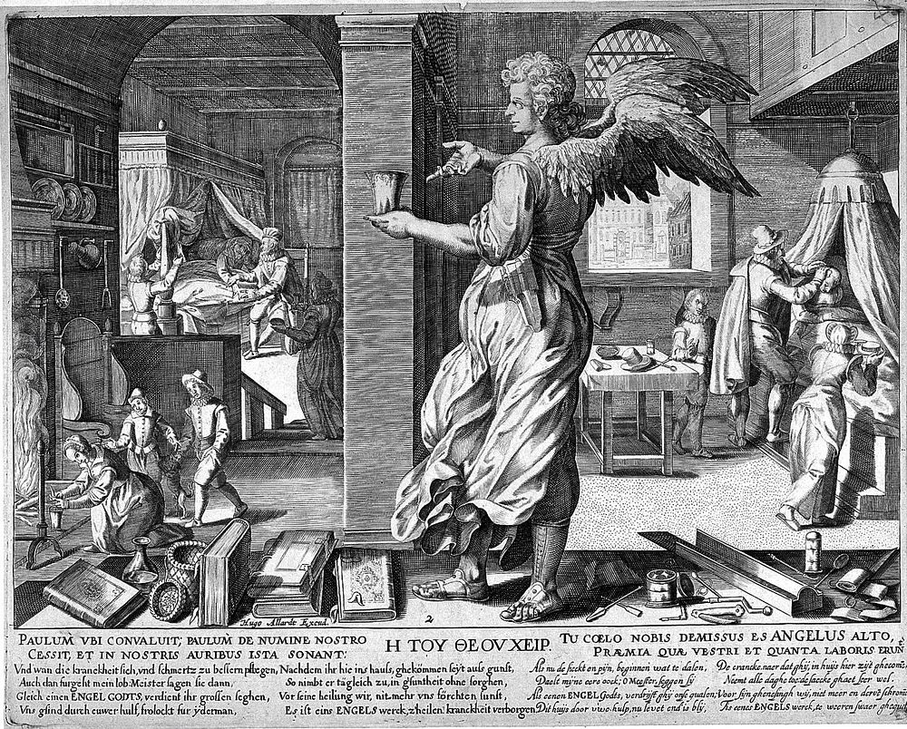 The medical practitioner appearing as an angel when he has started to heal sick people. Engraving by Johann Gelle after E.…