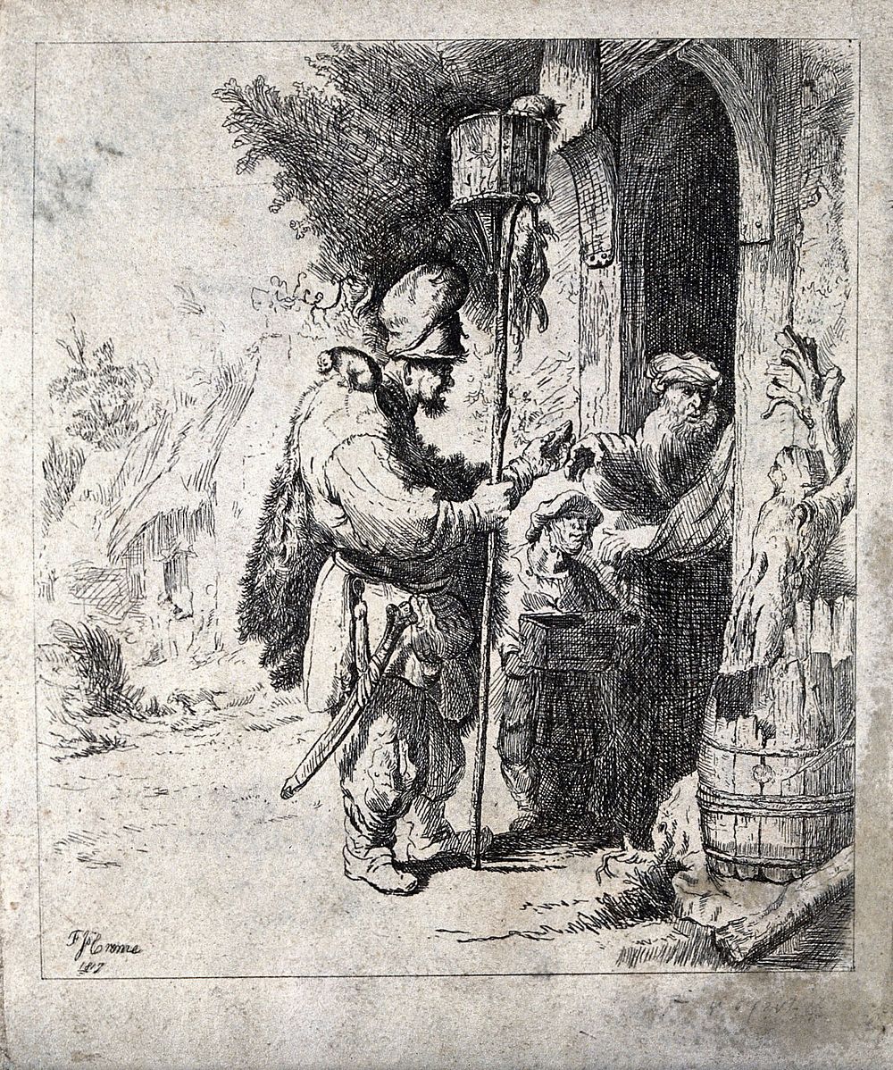 A rat-catcher and his young assistant standing at a doorway are having their services refused by an old man; the rat-catcher…