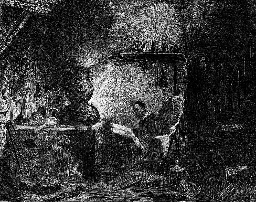An alchemist reading in a smoky study. Etching by A. Bouquet after L-G-E. Isabey.