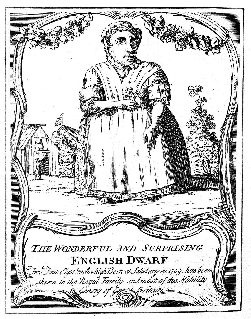 A female dwarf, holding a flower, in a country setting. Etching.