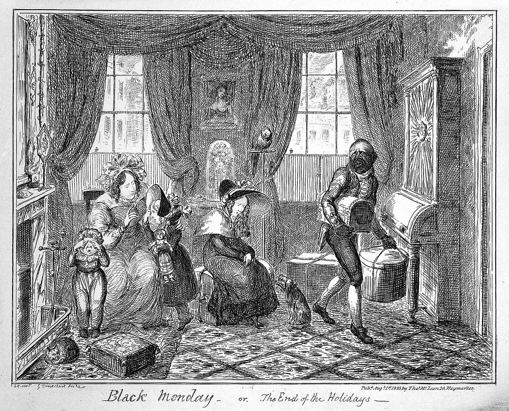 A family is about to return from their holiday in a London townhouse. Etching by George Cruikshank after S.K.
