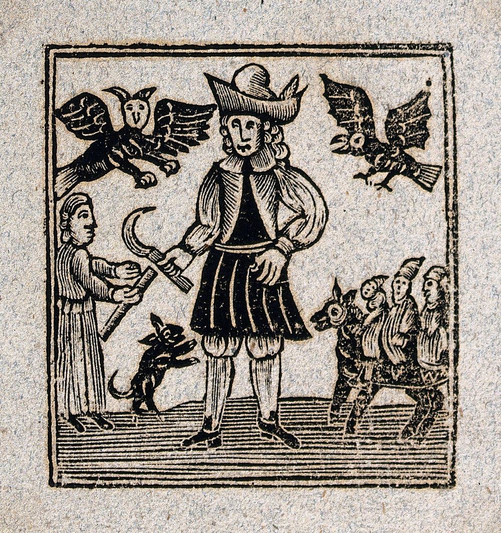 A man holds a scythe as winged creatures fly above him, three figures approach on a horse, and another figure approaches…