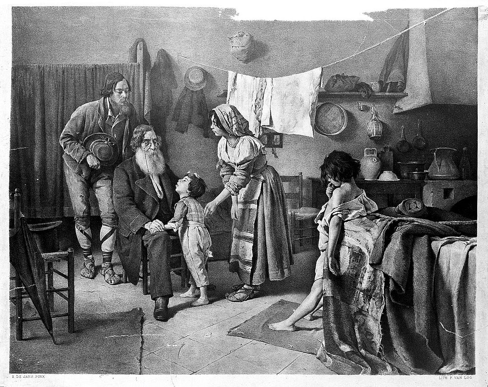 A physician examining the children of a poor Italian family. Lithograph by F. van Loo after E. de Jans.