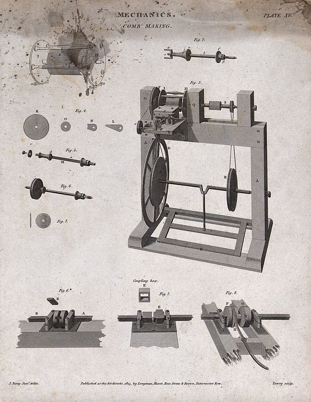 Machinery used in the making of combs, and details of its components. Engraving by E. Turrell after J. Farey.
