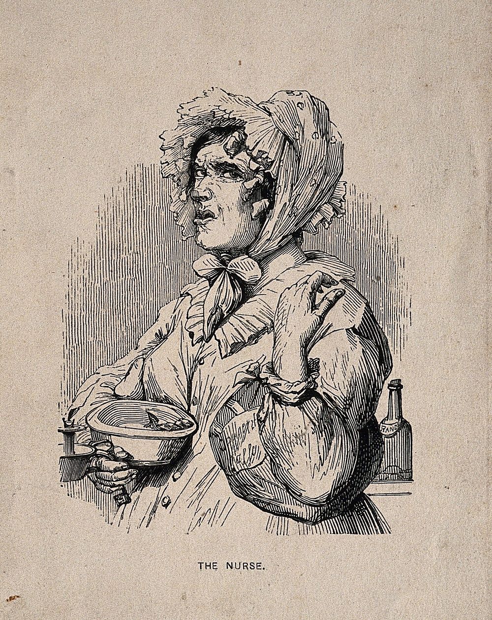 A nurse carrying a bowl and candle-stick. Wood engraving by J. Orrin Smith after J. Kenny Meadows, 1840.