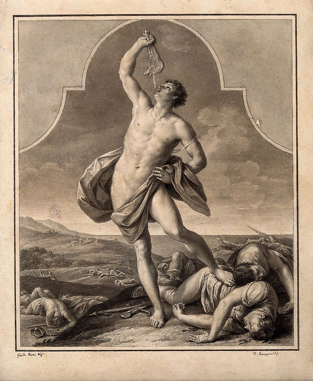 Samson, victorious over the combined powers of the Philistines, holds the jaw of the ass up high. Drawing by F. Rosaspina…