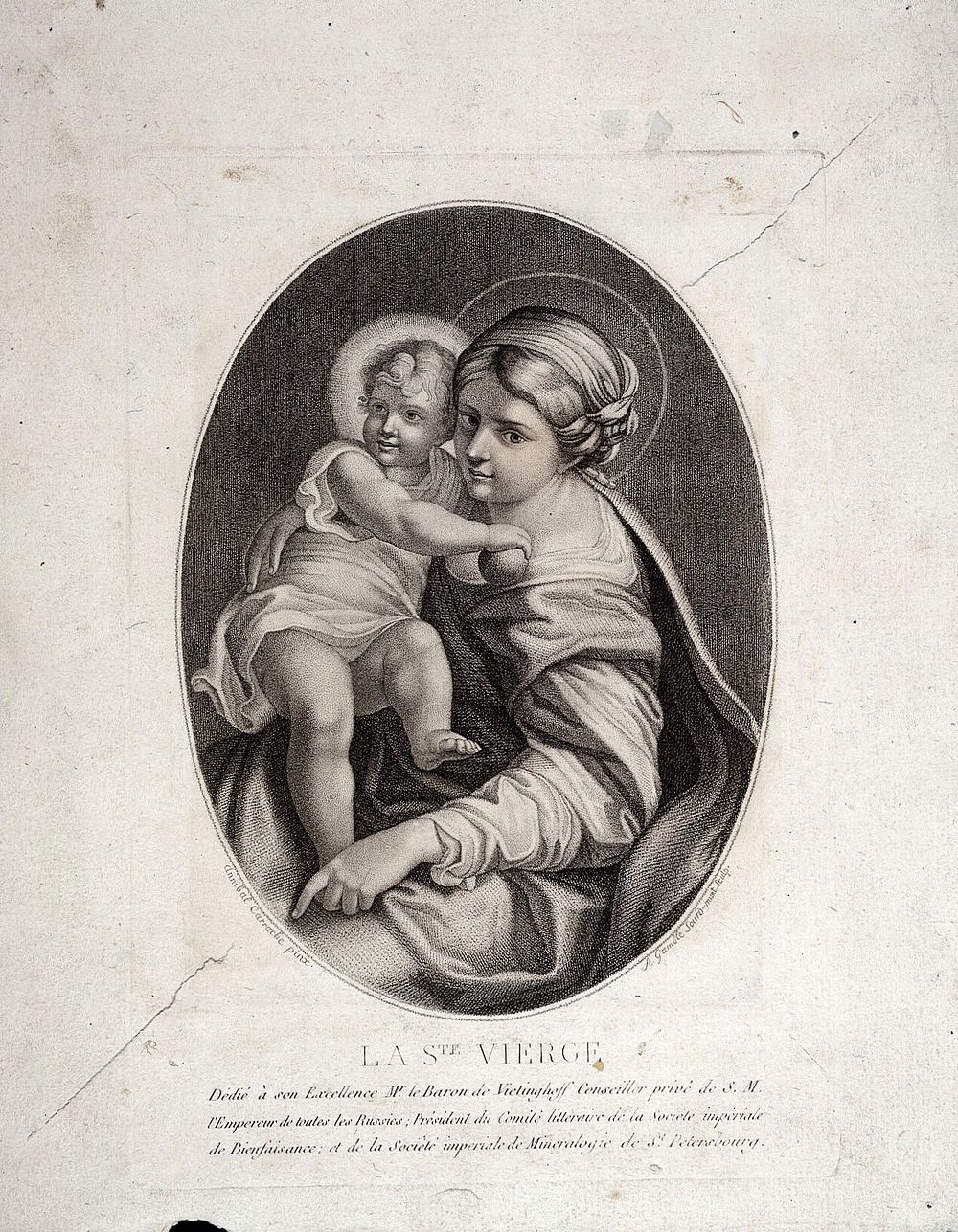 Saint Mary (the Blessed Virgin) with the Christ Child. Stipple engraving by A. Gamble after Annibale Carracci.