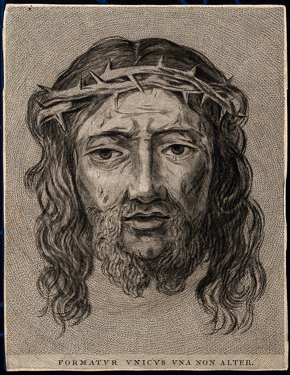 The veronica (sudarium of Saint Veronica), representing the face of Christ. Etching after C. Mellan.