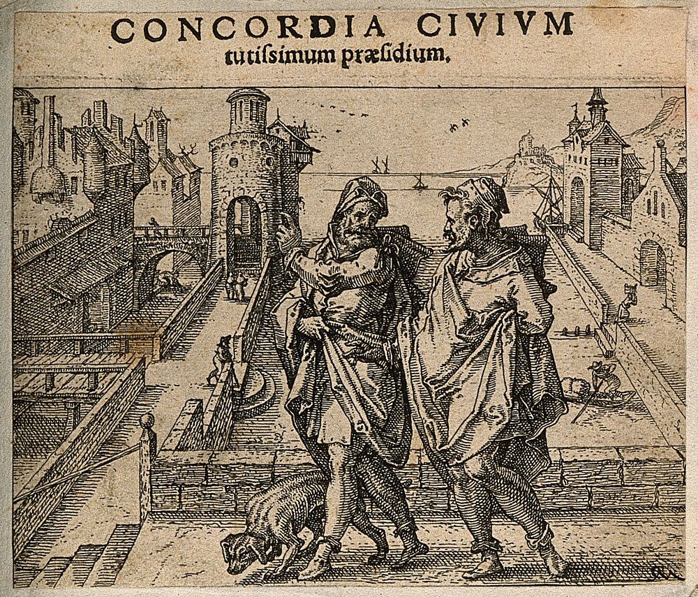 Two men walking above a city; representing harmony of religious or political states. Etching by C. Murer after himself, c.…