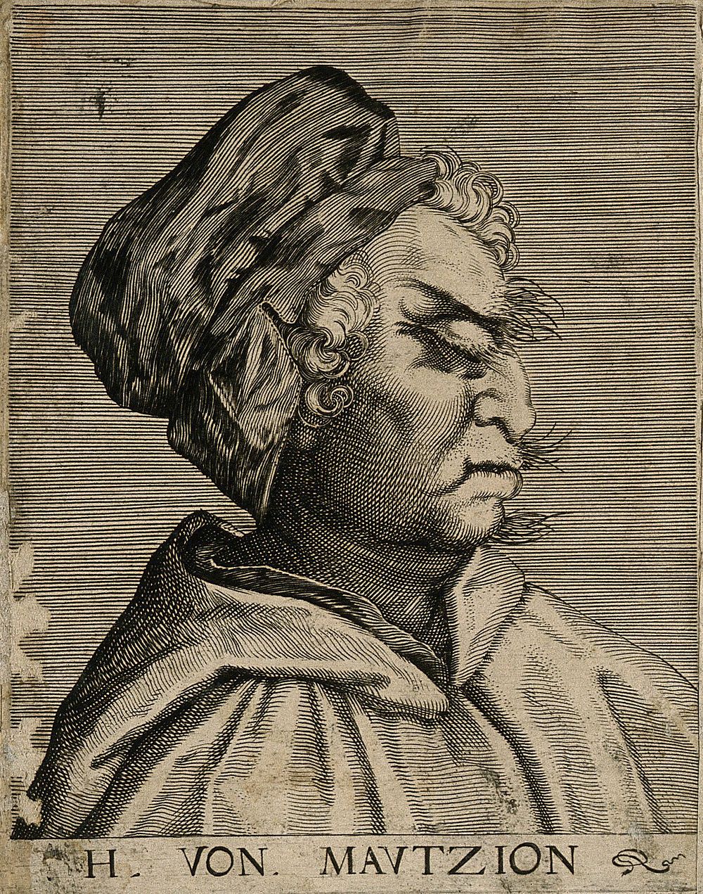 Herr von Mautzion, a character with a grotesque face. Line engraving attributed to D. Custos.