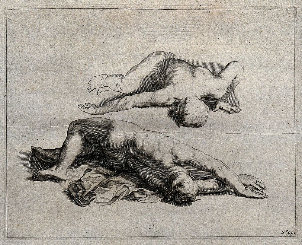 Two reclining male nude figures seen from behind. Engraving.