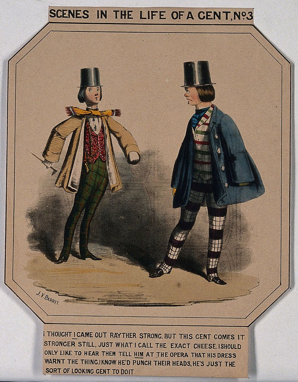 Two men wearing the fashionable dress of checked trousers, top hats, cravats, waistcoats and top coats. Coloured lithograph…