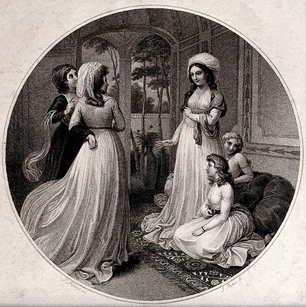 Fatima, the wife of the Kahya at Adrianopolis, rises to greet Lady Mary Wortley Montagu while her two daughters remain…