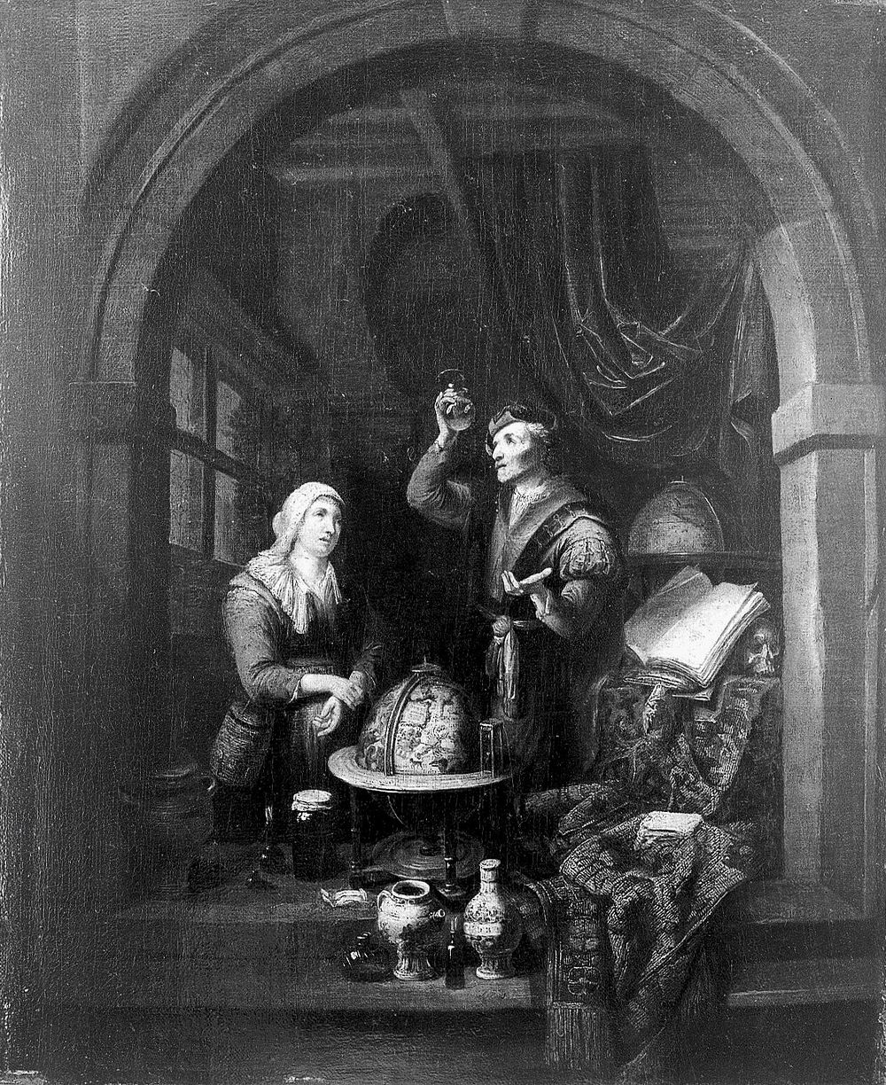 A physician examining a urine-flask. Oil painting by Gerard Thomas.
