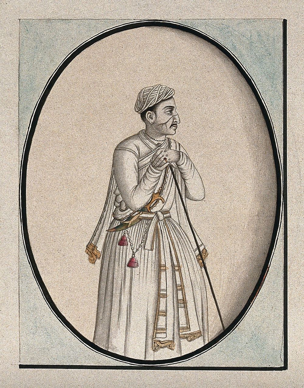 A Mughal courtier with a scar on his face, leaning on a stick. Watercolour drawing by an Indian artist.