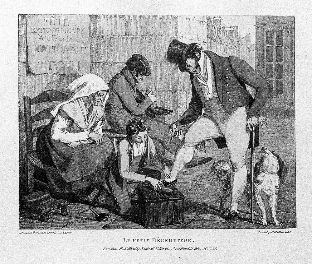A boy is cleaning the shoes of a man dressed in fine clothes, a woman seated on a chair is watching him, and another man is…