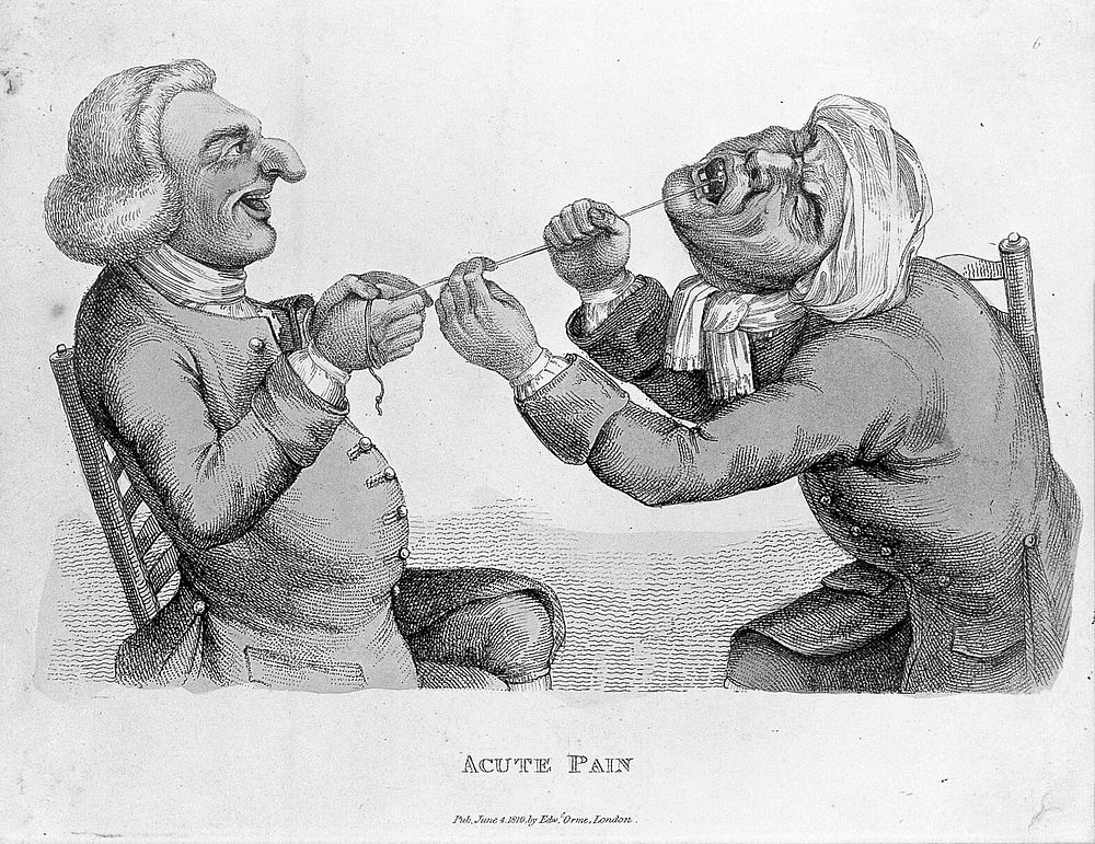 A tooth-drawer using a cord to extract a tooth from an agonized patient. Coloured engraving, 1810, after J. Collier, 1773.