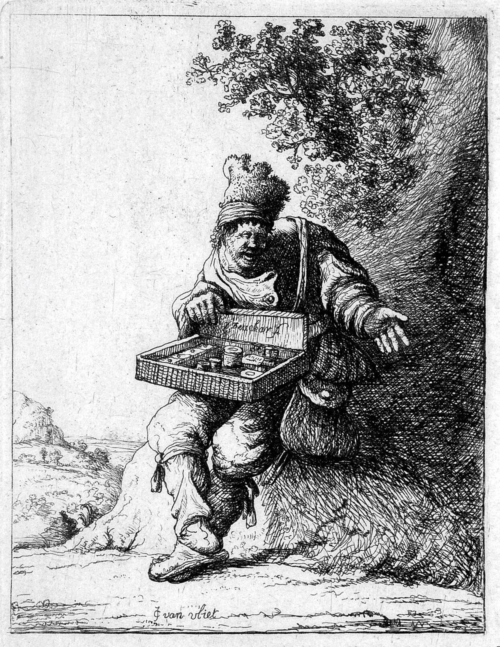 A travelling drug seller. Etching by D. Deuchar after J. van der Vliet.