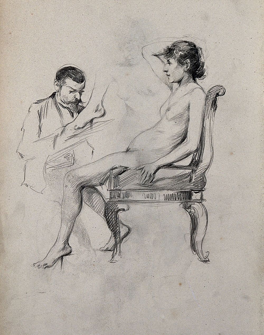 A seated female nude sketched by a seated man with a second sketch of a left foot. Pencil drawing.