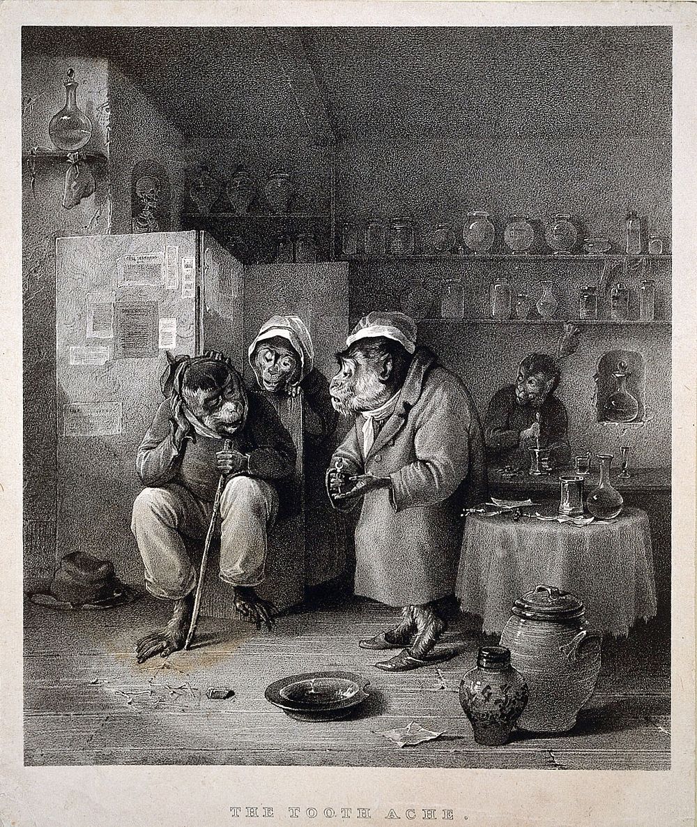 Monkeys representing human beings in a tooth-drawer's surgery. Lithograph by L. Haghe after E. Bristow, 1828.