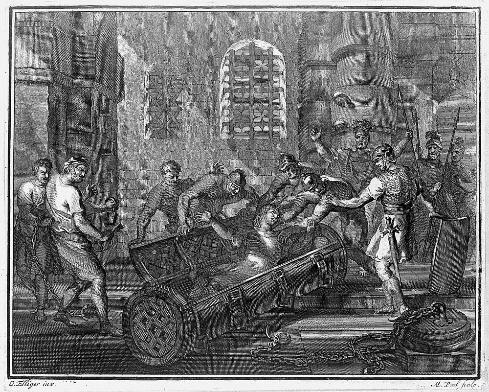 A screaming young woman is forced by soldiers into a "iron coffin of Lissa". Etching by M. Pool after O. Elliger.