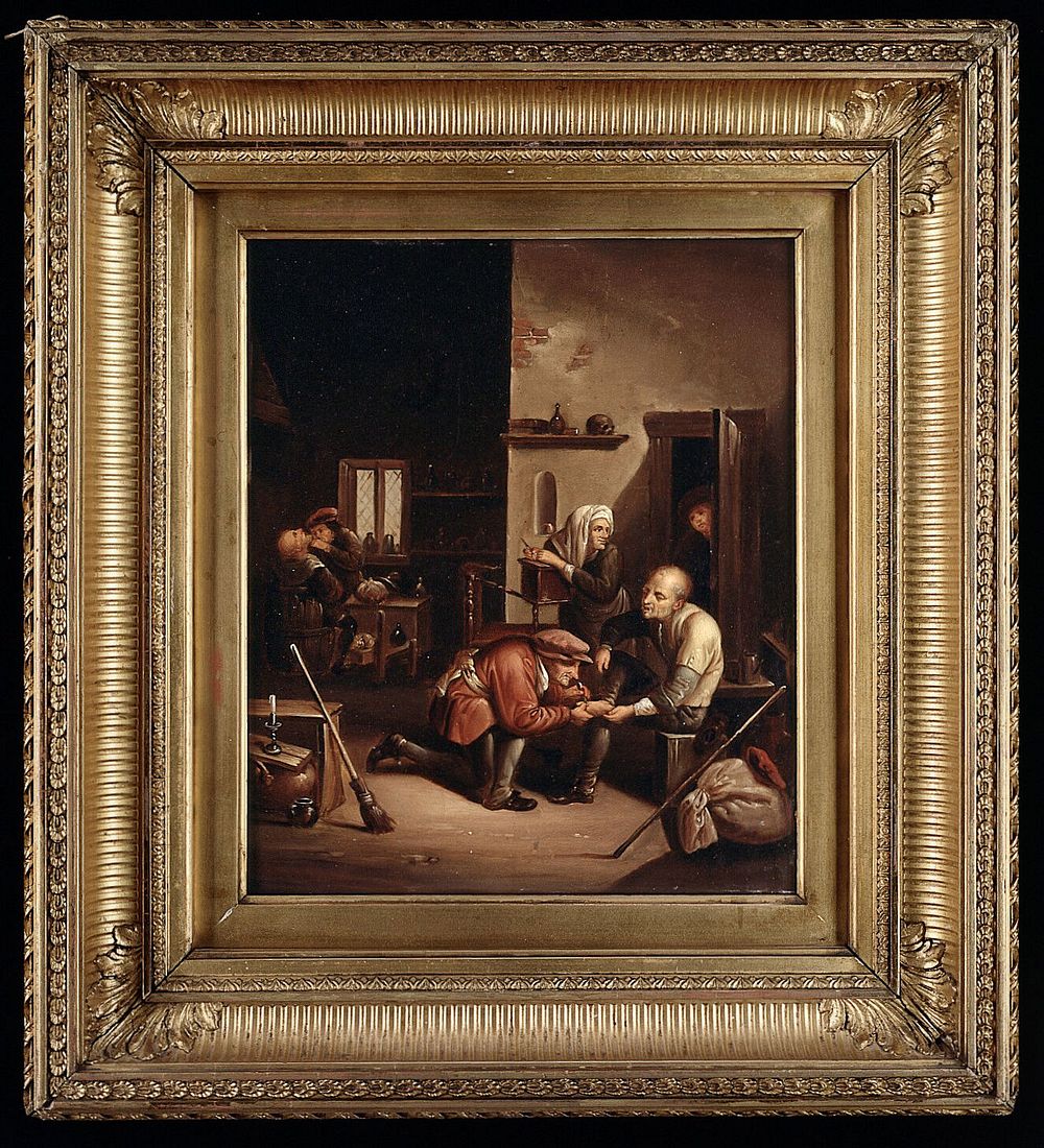 A surgeon treating a patient's foot and a barber shaving a man. Oil painting attributed to a German follower of David…