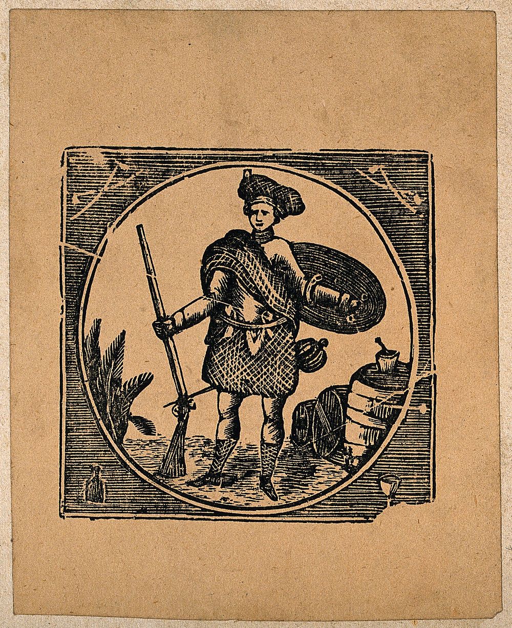 A Scotsman with a rifle, sword and shield guarding barrels (of tobacco). Wood-engraving, mid-19th century.